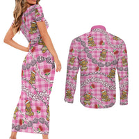 Pink Palaka Hawaii Mele Kalikimaka Couples Matching Short Sleeve Bodycon Dress and Long Sleeve Button Shirt Ohia Lehua Shell Leis Funny Gingerbread Santa LT14 - Polynesian Pride