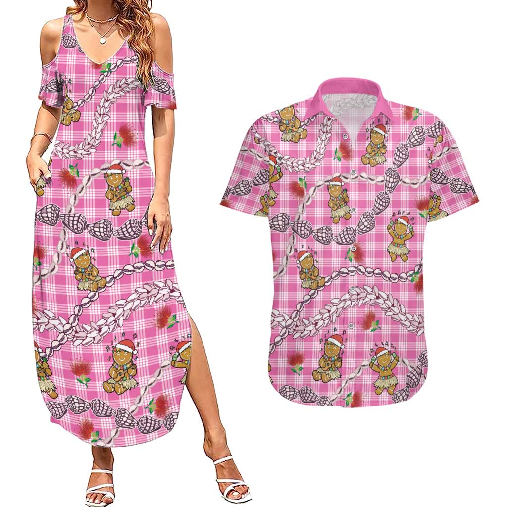 Pink Palaka Hawaii Mele Kalikimaka Couples Matching Summer Maxi Dress and Hawaiian Shirt Ohia Lehua Shell Leis Funny Gingerbread Santa - Polynesian Pride