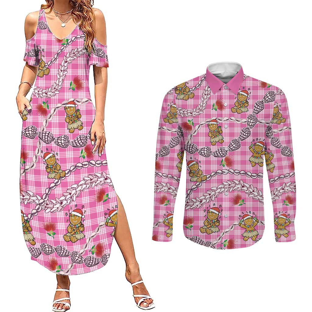 Pink Palaka Hawaii Mele Kalikimaka Couples Matching Summer Maxi Dress and Long Sleeve Button Shirt Ohia Lehua Shell Leis Funny Gingerbread Santa LT14 Pink - Polynesian Pride
