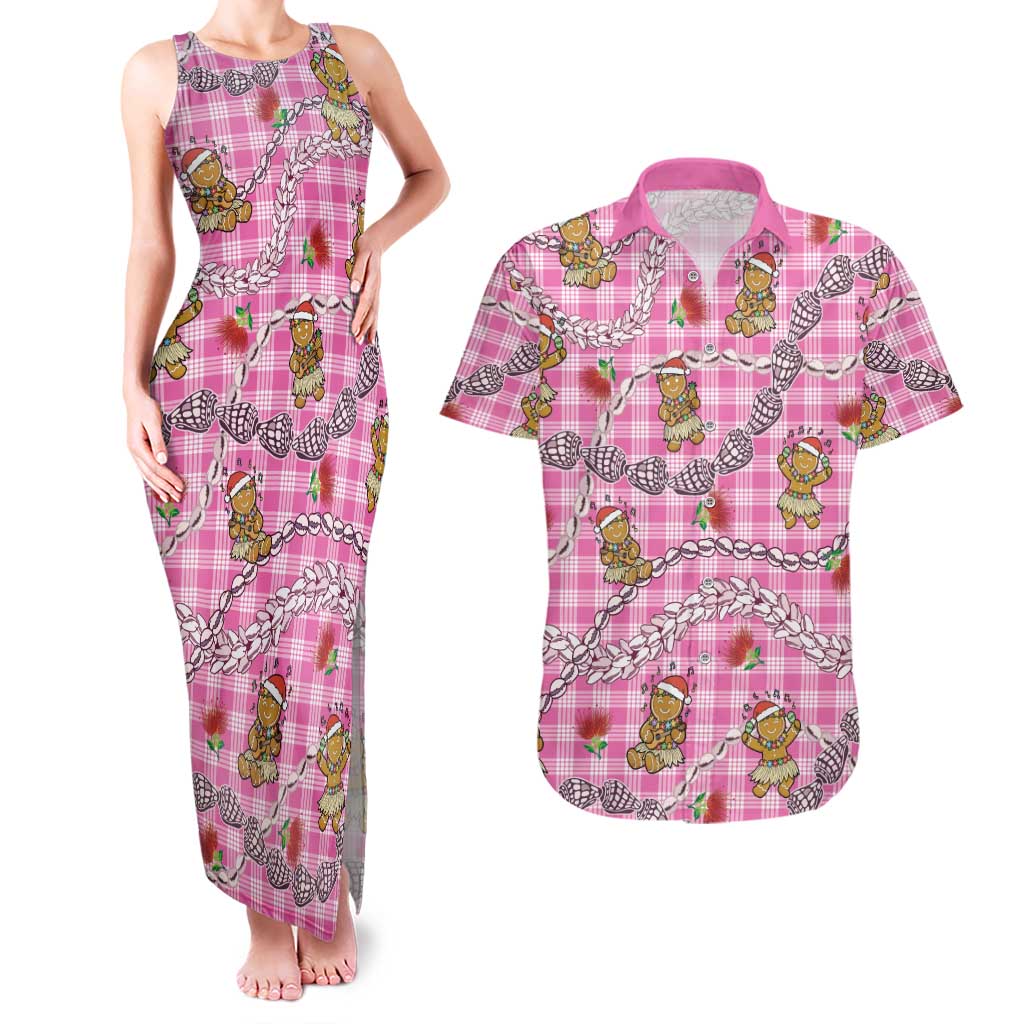 Pink Palaka Hawaii Mele Kalikimaka Couples Matching Tank Maxi Dress and Hawaiian Shirt Ohia Lehua Shell Leis Funny Gingerbread Santa - Polynesian Pride