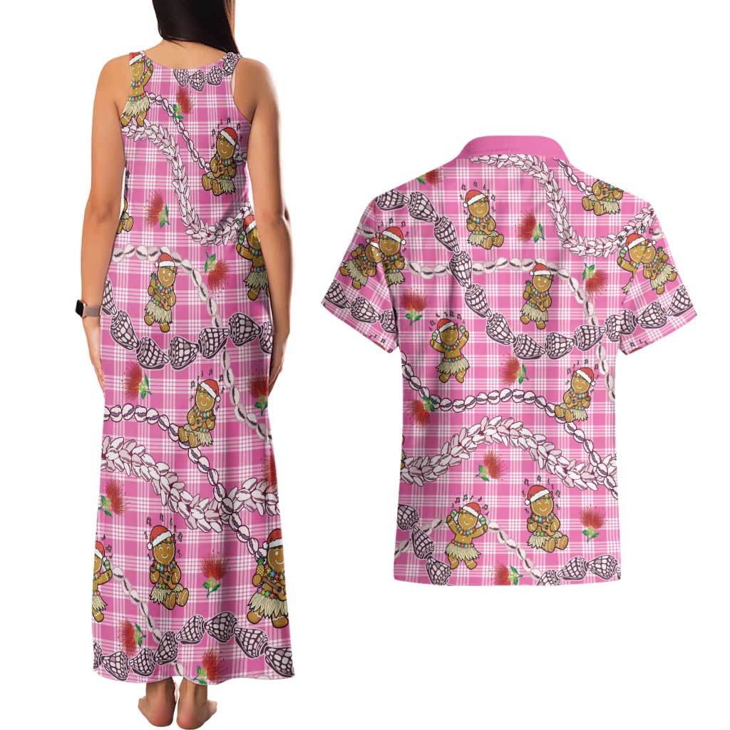 Pink Palaka Hawaii Mele Kalikimaka Couples Matching Tank Maxi Dress and Hawaiian Shirt Ohia Lehua Shell Leis Funny Gingerbread Santa LT14 - Polynesian Pride