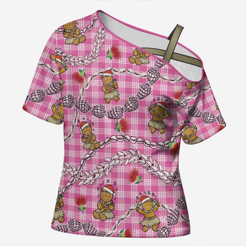 Pink Palaka Hawaii Mele Kalikimaka Cross Shoulder Shirt Ohia Lehua Shell Leis Funny Gingerbread Santa LT14 Female Pink - Polynesian Pride