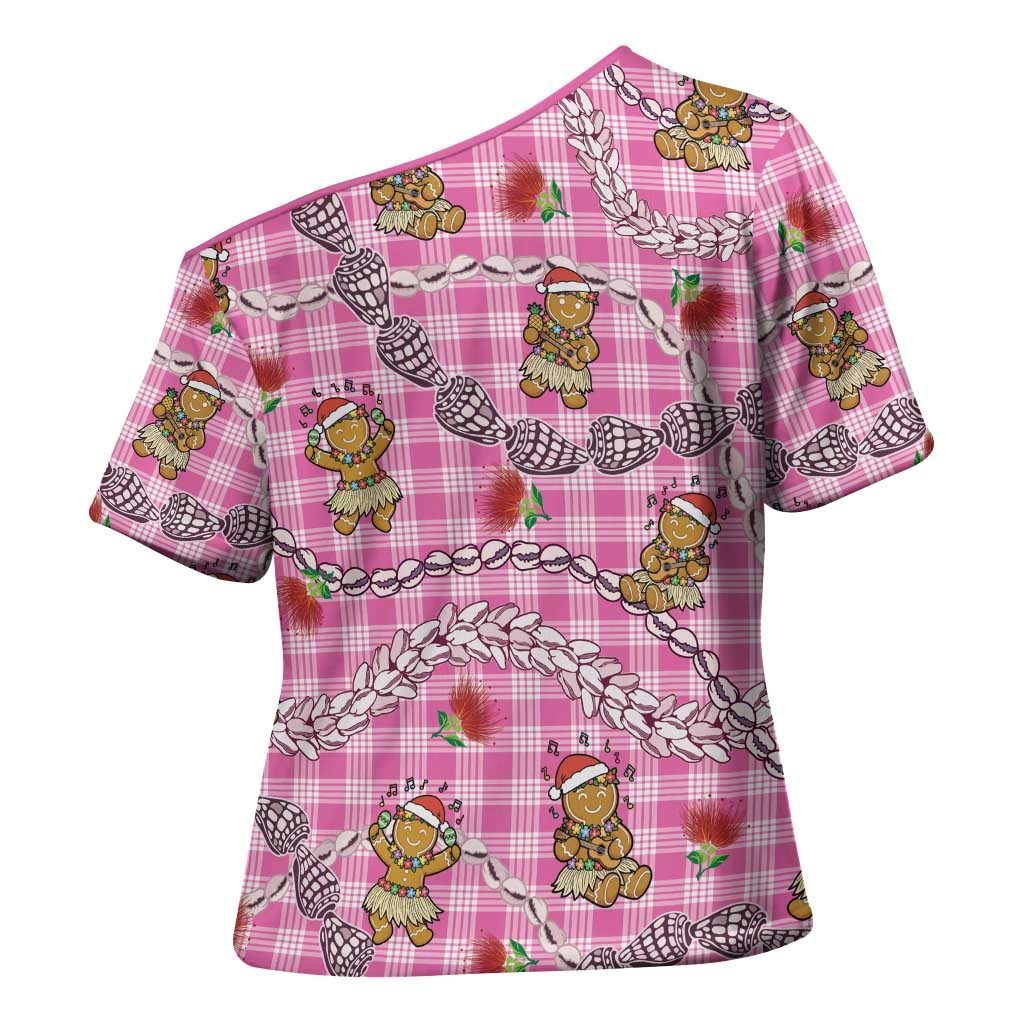 Pink Palaka Hawaii Mele Kalikimaka Cross Shoulder Shirt Ohia Lehua Shell Leis Funny Gingerbread Santa LT14 - Polynesian Pride