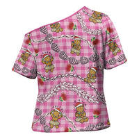 Pink Palaka Hawaii Mele Kalikimaka Cross Shoulder Shirt Ohia Lehua Shell Leis Funny Gingerbread Santa LT14 - Polynesian Pride