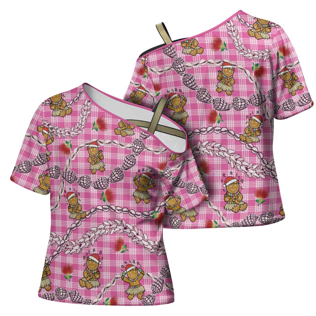 Pink Palaka Hawaii Mele Kalikimaka Cross Shoulder Shirt Ohia Lehua Shell Leis Funny Gingerbread Santa LT14 - Polynesian Pride