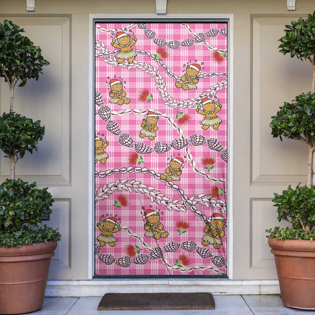 Pink Palaka Hawaii Mele Kalikimaka Door Cover Ohia Lehua Shell Leis Funny Gingerbread Santa LT14 Pink - Polynesian Pride