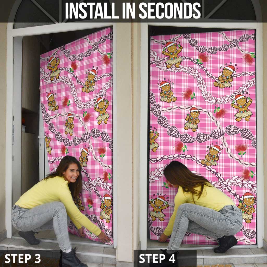Pink Palaka Hawaii Mele Kalikimaka Door Cover Ohia Lehua Shell Leis Funny Gingerbread Santa LT14 - Polynesian Pride