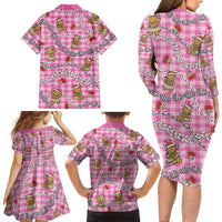 Pink Palaka Hawaii Mele Kalikimaka Family Matching Long Sleeve Bodycon Dress and Hawaiian Shirt Ohia Lehua Shell Leis Funny Gingerbread Santa LT14 - Polynesian Pride