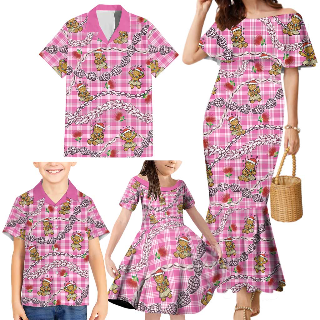 Pink Palaka Hawaii Mele Kalikimaka Family Matching Mermaid Dress and Hawaiian Shirt Ohia Lehua Shell Leis Funny Gingerbread Santa - Polynesian Pride