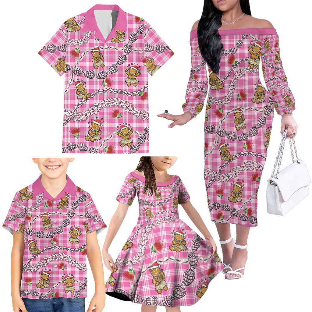 Pink Palaka Hawaii Mele Kalikimaka Family Matching Off The Shoulder Long Sleeve Dress and Hawaiian Shirt Ohia Lehua Shell Leis Funny Gingerbread Santa - Polynesian Pride