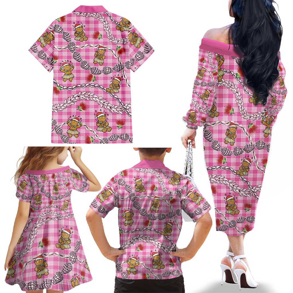 Pink Palaka Hawaii Mele Kalikimaka Family Matching Off The Shoulder Long Sleeve Dress and Hawaiian Shirt Ohia Lehua Shell Leis Funny Gingerbread Santa LT14 - Polynesian Pride