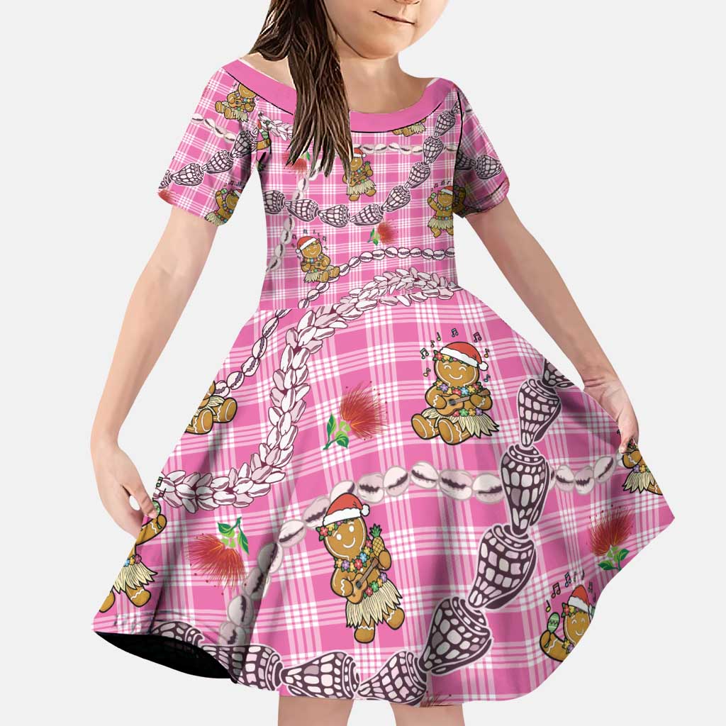 Pink Palaka Hawaii Mele Kalikimaka Family Matching Off Shoulder Maxi Dress and Hawaiian Shirt Ohia Lehua Shell Leis Funny Gingerbread Santa LT14 Daughter's Dress Pink - Polynesian Pride
