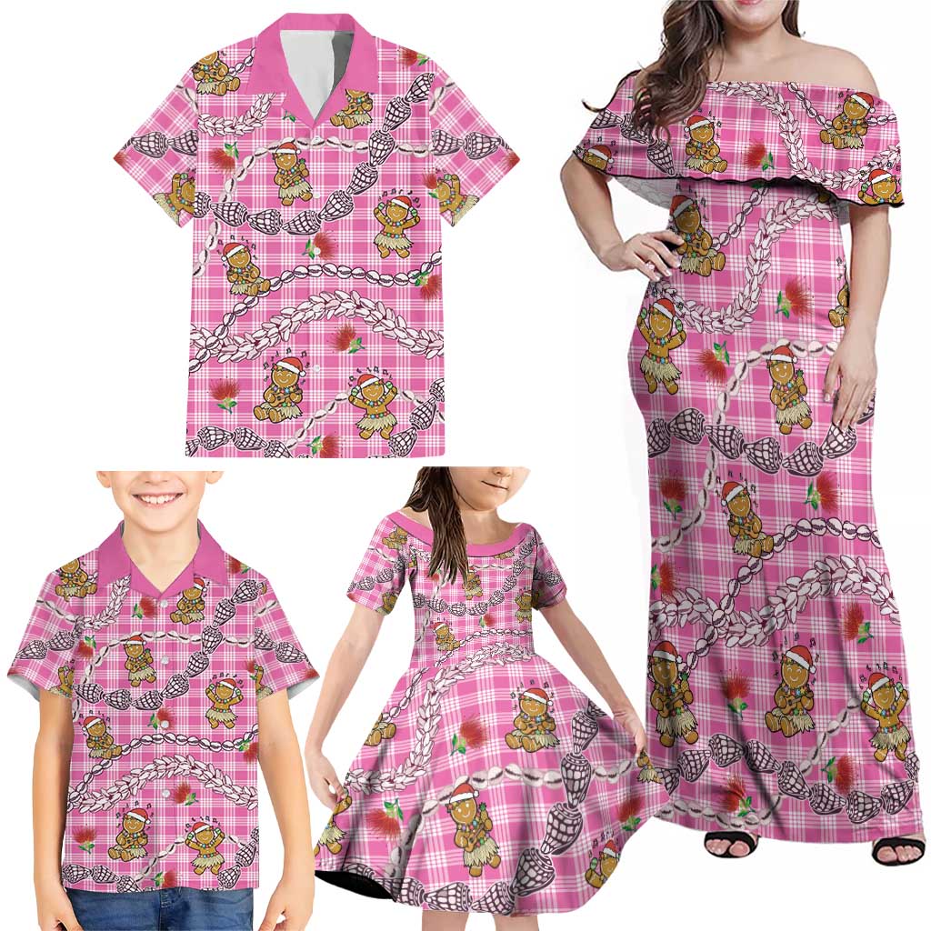 Pink Palaka Hawaii Mele Kalikimaka Family Matching Off Shoulder Maxi Dress and Hawaiian Shirt Ohia Lehua Shell Leis Funny Gingerbread Santa LT14 - Polynesian Pride
