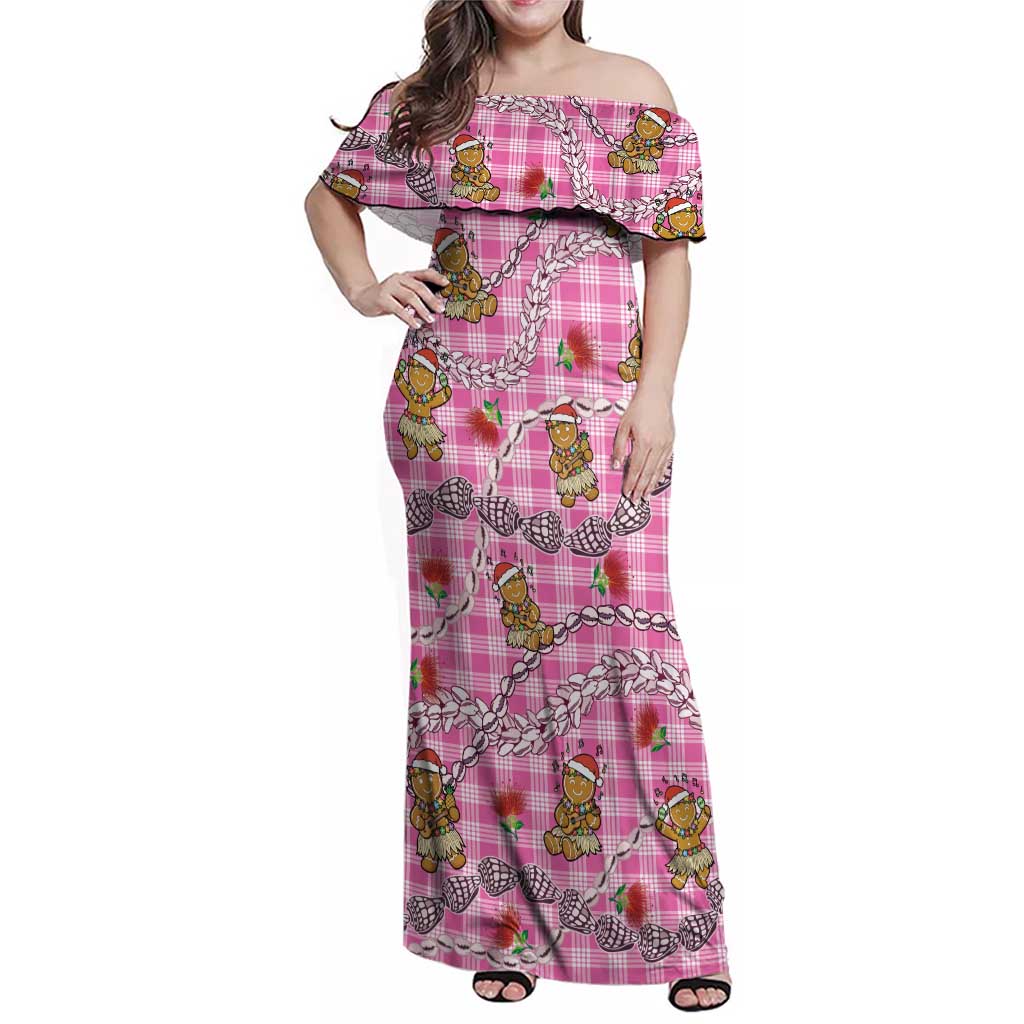 Pink Palaka Hawaii Mele Kalikimaka Family Matching Off Shoulder Maxi Dress and Hawaiian Shirt Ohia Lehua Shell Leis Funny Gingerbread Santa LT14 Pink - Polynesian Pride