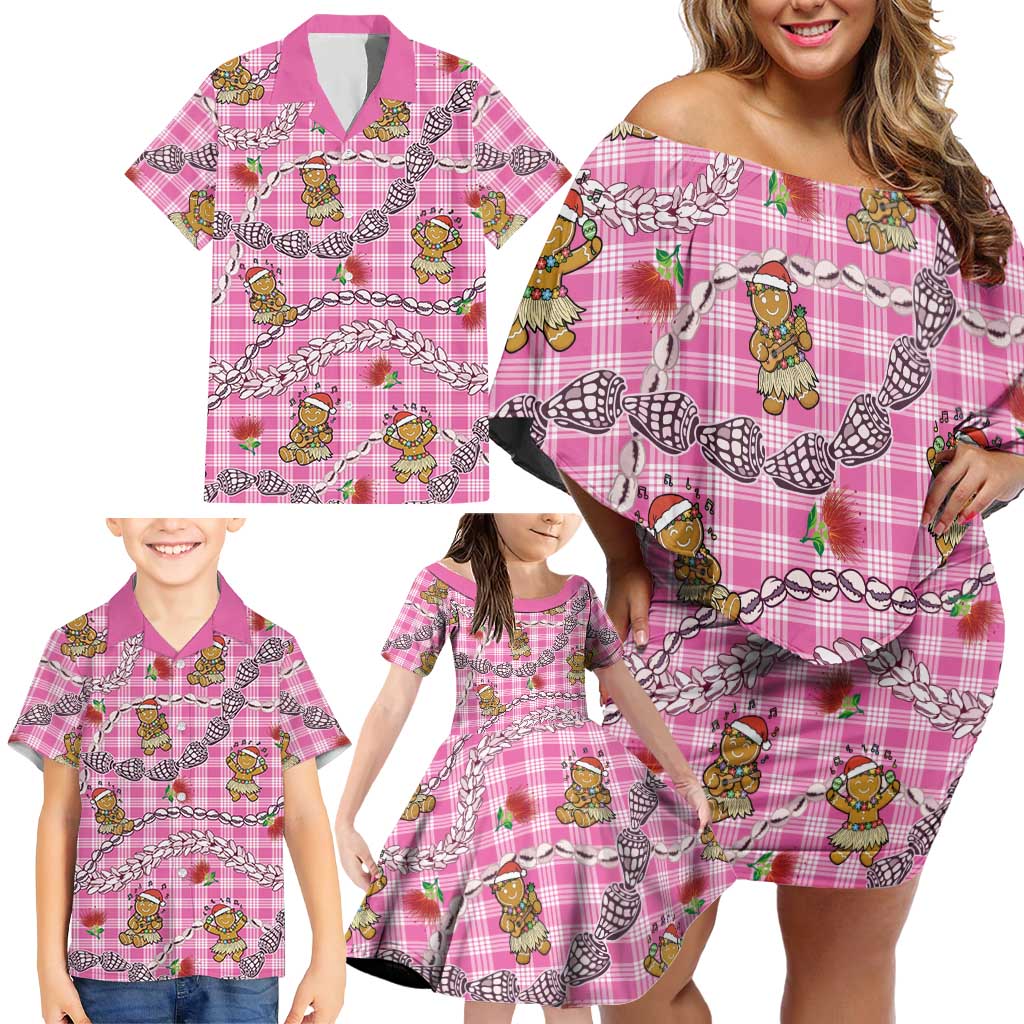 Pink Palaka Hawaii Mele Kalikimaka Family Matching Off Shoulder Short Dress and Hawaiian Shirt Ohia Lehua Shell Leis Funny Gingerbread Santa - Polynesian Pride