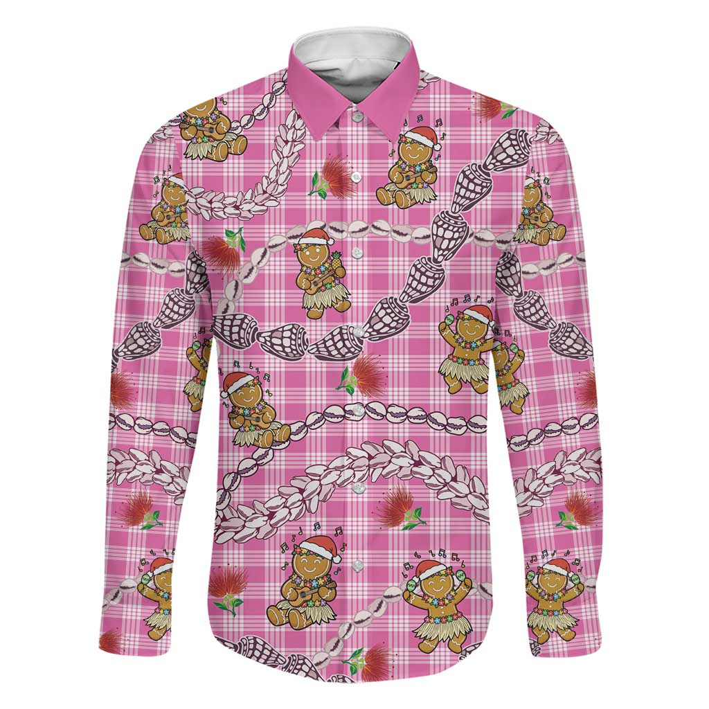 Pink Palaka Hawaii Mele Kalikimaka Family Matching Off Shoulder Short Dress and Hawaiian Shirt Ohia Lehua Shell Leis Funny Gingerbread Santa LT14 Dad's Shirt - Long Sleeve Pink - Polynesian Pride