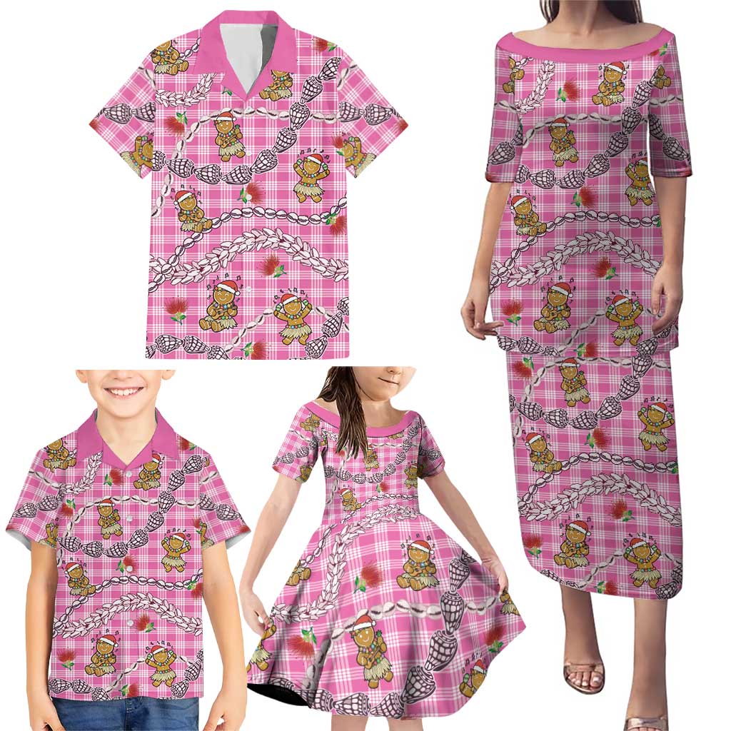 Pink Palaka Hawaii Mele Kalikimaka Family Matching Puletasi and Hawaiian Shirt Ohia Lehua Shell Leis Funny Gingerbread Santa LT14 - Polynesian Pride