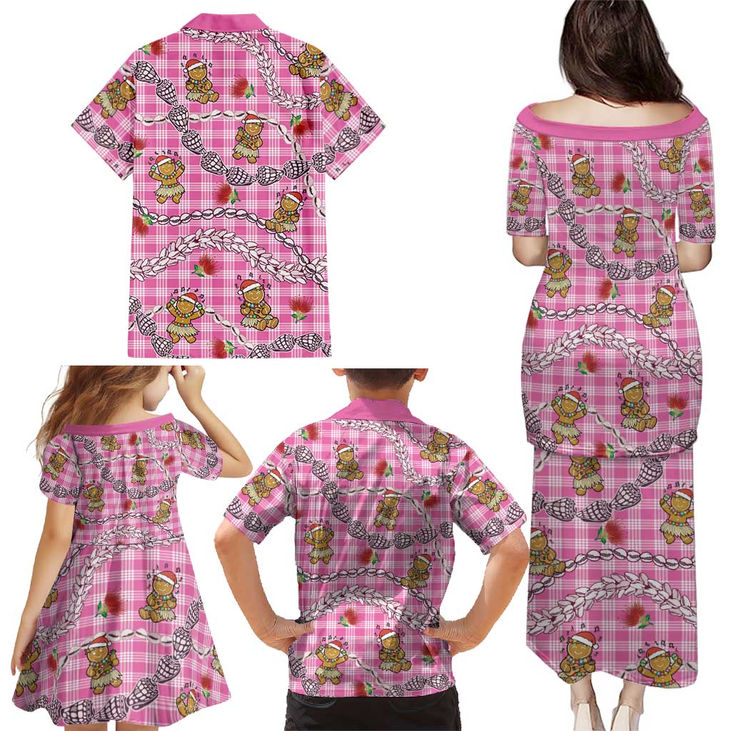 Pink Palaka Hawaii Mele Kalikimaka Family Matching Puletasi and Hawaiian Shirt Ohia Lehua Shell Leis Funny Gingerbread Santa LT14 - Polynesian Pride