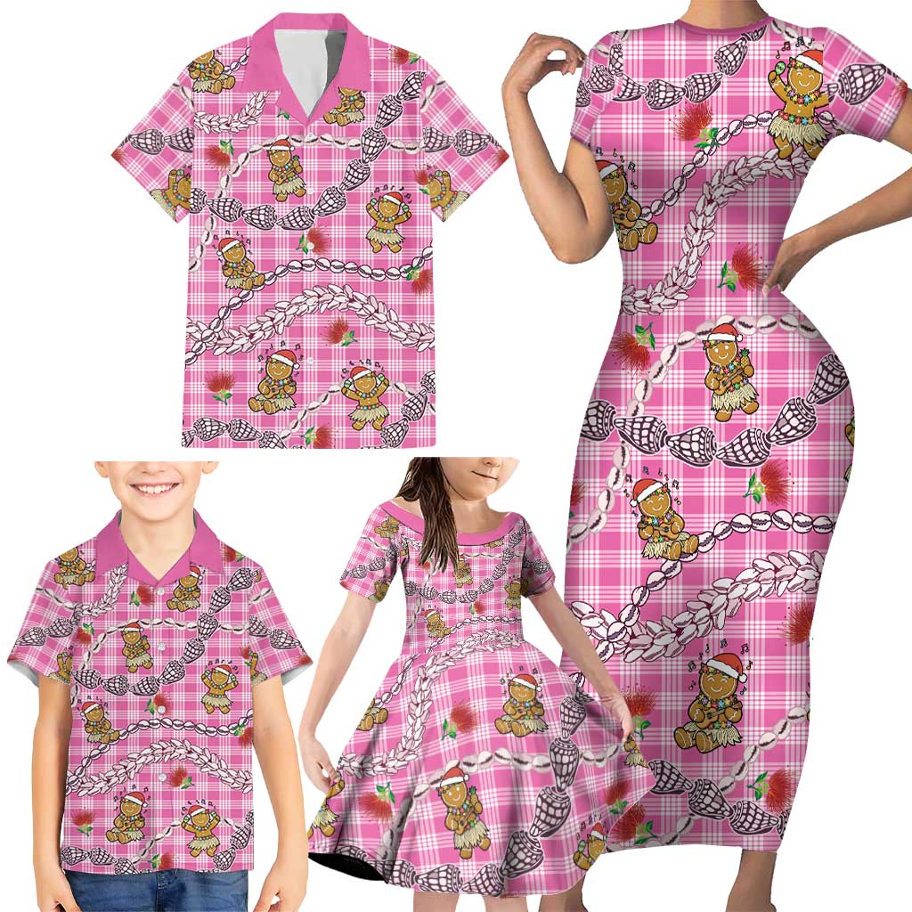 Pink Palaka Hawaii Mele Kalikimaka Family Matching Short Sleeve Bodycon Dress and Hawaiian Shirt Ohia Lehua Shell Leis Funny Gingerbread Santa LT14 - Polynesian Pride