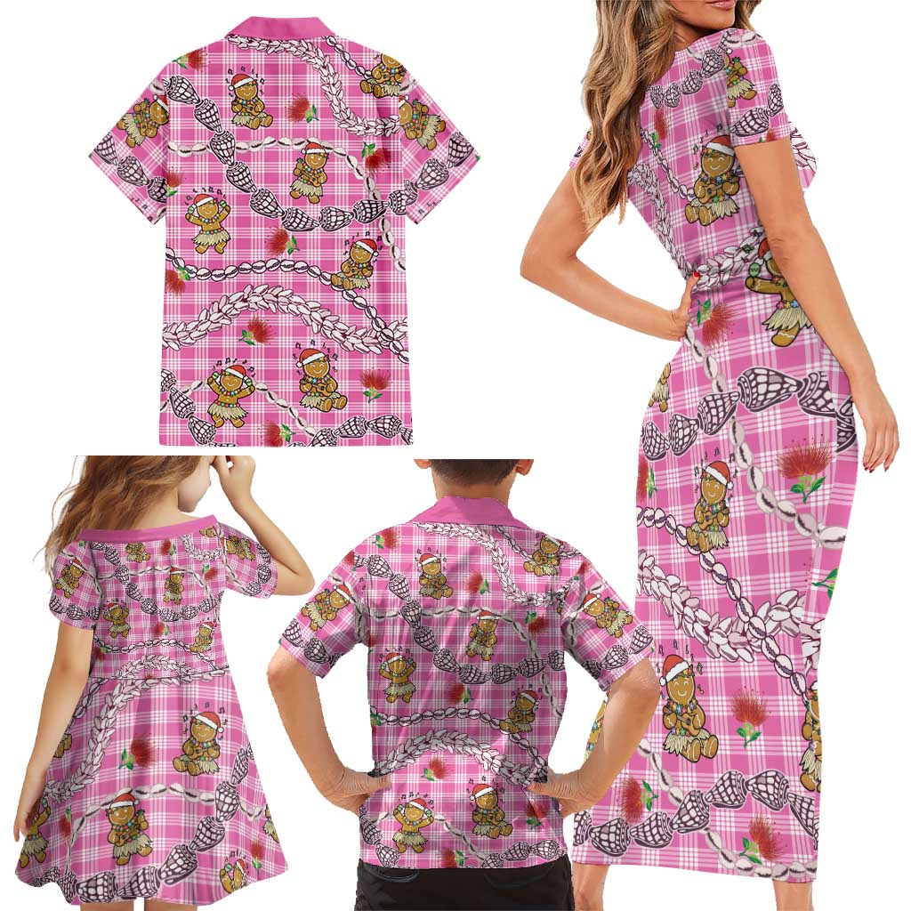 Pink Palaka Hawaii Mele Kalikimaka Family Matching Short Sleeve Bodycon Dress and Hawaiian Shirt Ohia Lehua Shell Leis Funny Gingerbread Santa LT14 - Polynesian Pride
