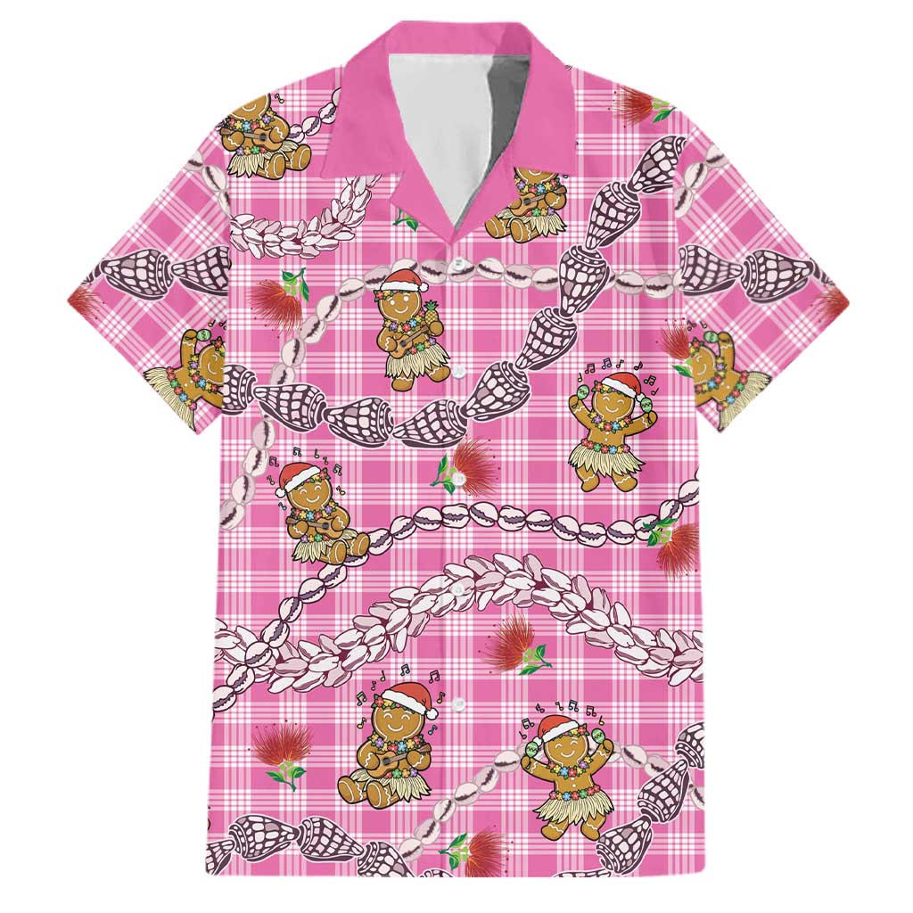 Pink Palaka Hawaii Mele Kalikimaka Family Matching Short Sleeve Bodycon Dress and Hawaiian Shirt Ohia Lehua Shell Leis Funny Gingerbread Santa LT14 Dad's Shirt - Short Sleeve Pink - Polynesian Pride