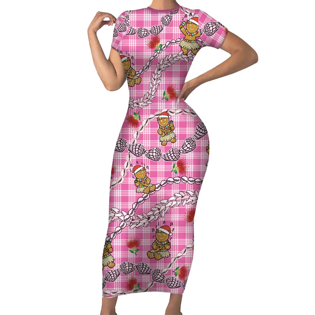 Pink Palaka Hawaii Mele Kalikimaka Family Matching Short Sleeve Bodycon Dress and Hawaiian Shirt Ohia Lehua Shell Leis Funny Gingerbread Santa LT14 Pink - Polynesian Pride