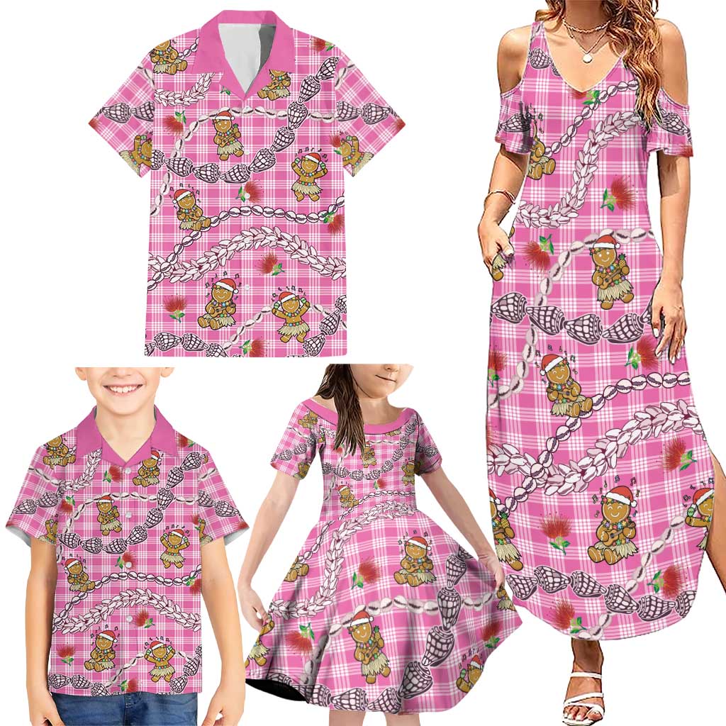 Pink Palaka Hawaii Mele Kalikimaka Family Matching Summer Maxi Dress and Hawaiian Shirt Ohia Lehua Shell Leis Funny Gingerbread Santa LT14 - Polynesian Pride