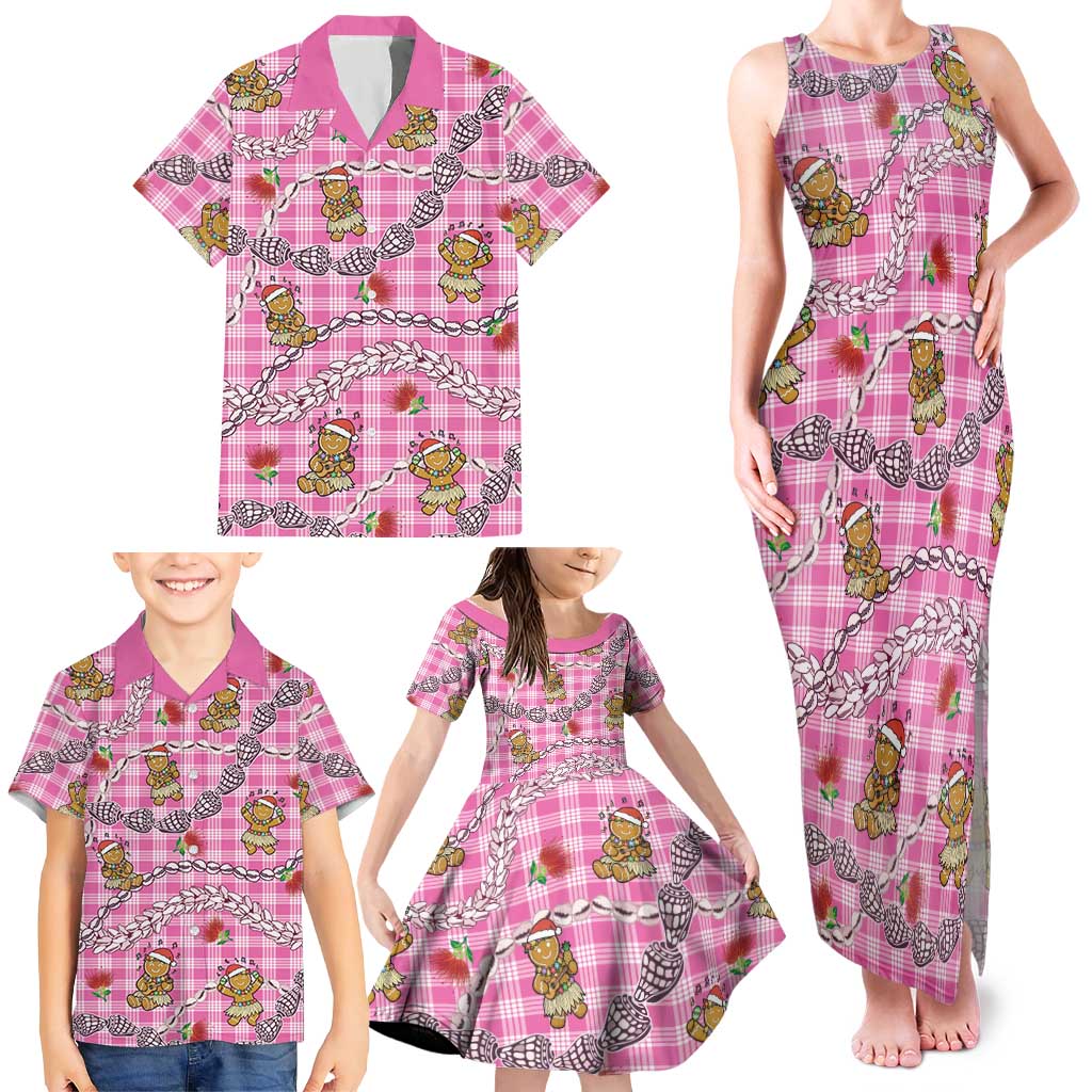 Pink Palaka Hawaii Mele Kalikimaka Family Matching Tank Maxi Dress and Hawaiian Shirt Ohia Lehua Shell Leis Funny Gingerbread Santa LT14 - Polynesian Pride