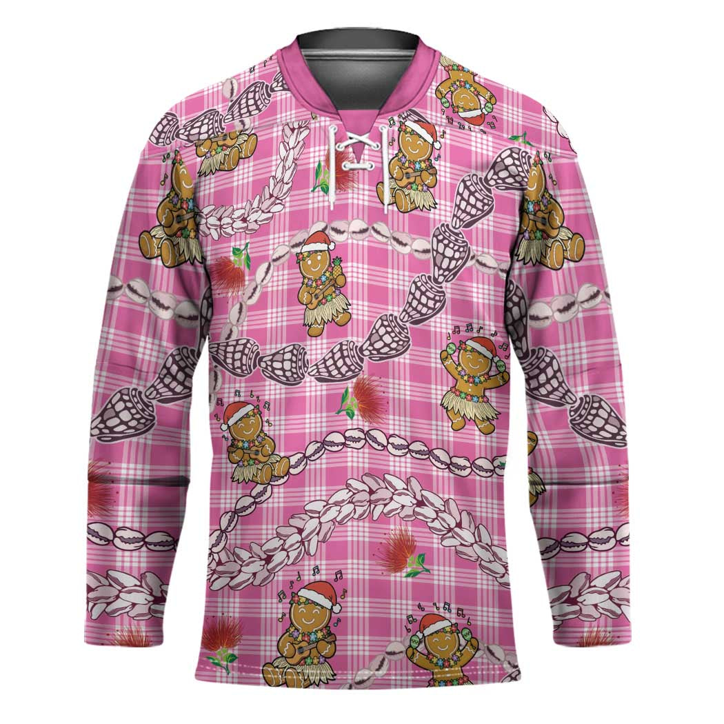 Pink Palaka Hawaii Mele Kalikimaka Hockey Jersey Ohia Lehua Shell Leis Funny Gingerbread Santa LT14 Unisex Pink - Polynesian Pride