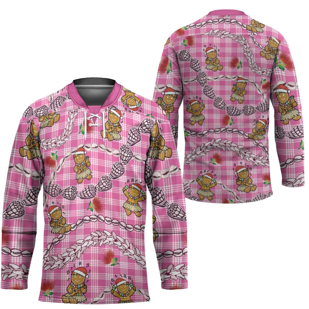 Pink Palaka Hawaii Mele Kalikimaka Hockey Jersey Ohia Lehua Shell Leis Funny Gingerbread Santa LT14 - Polynesian Pride