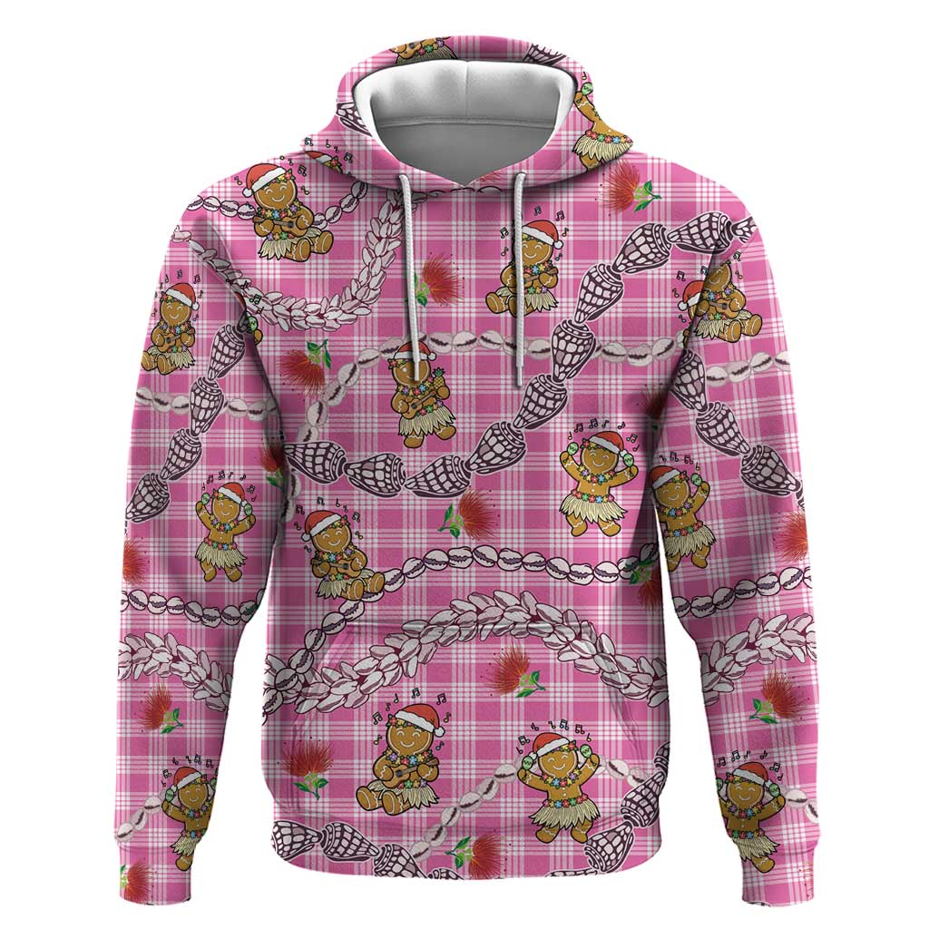 Pink Palaka Hawaii Mele Kalikimaka Hoodie Ohia Lehua Shell Leis Funny Gingerbread Santa LT14 Pullover Hoodie Pink - Polynesian Pride