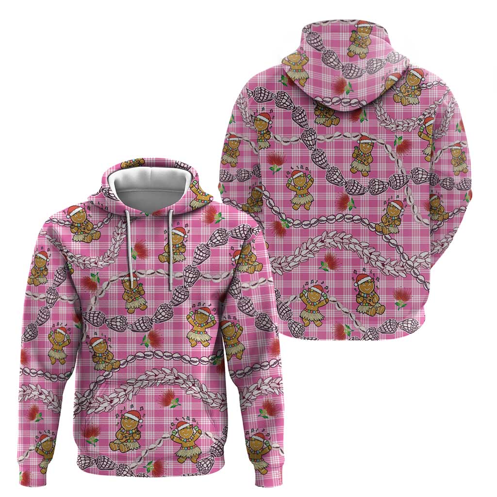 Pink Palaka Hawaii Mele Kalikimaka Hoodie Ohia Lehua Shell Leis Funny Gingerbread Santa LT14 - Polynesian Pride