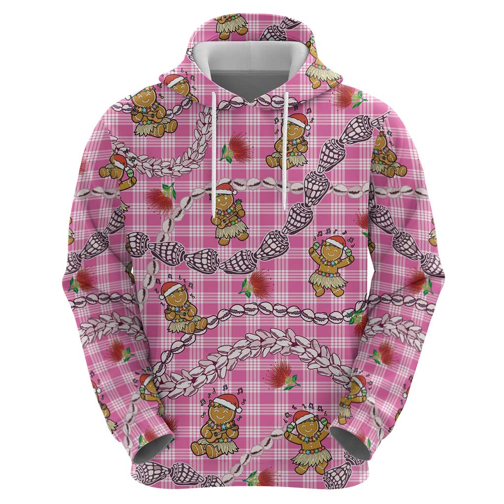 Pink Palaka Hawaii Mele Kalikimaka Hoodie Ohia Lehua Shell Leis Funny Gingerbread Santa LT14 - Polynesian Pride
