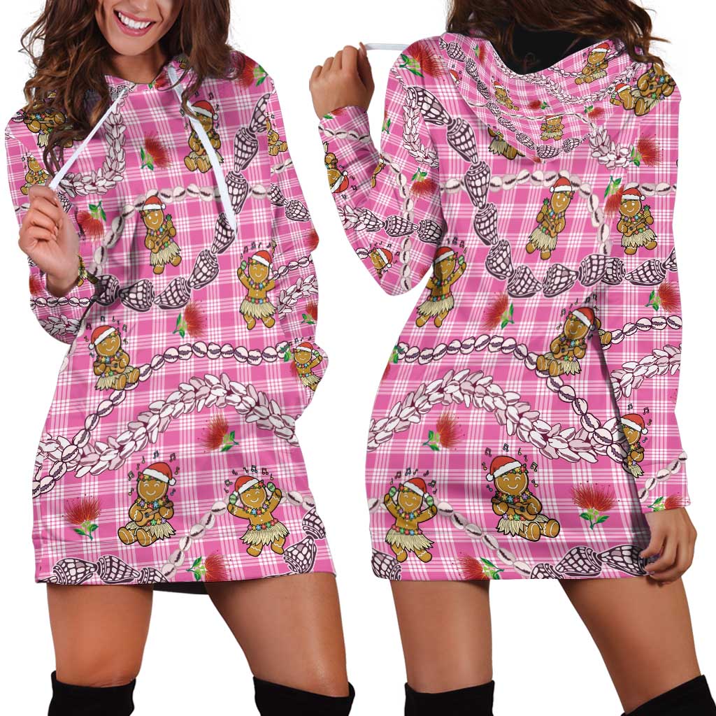 Pink Palaka Hawaii Mele Kalikimaka Hoodie Dress Ohia Lehua Shell Leis Funny Gingerbread Santa LT14 - Polynesian Pride
