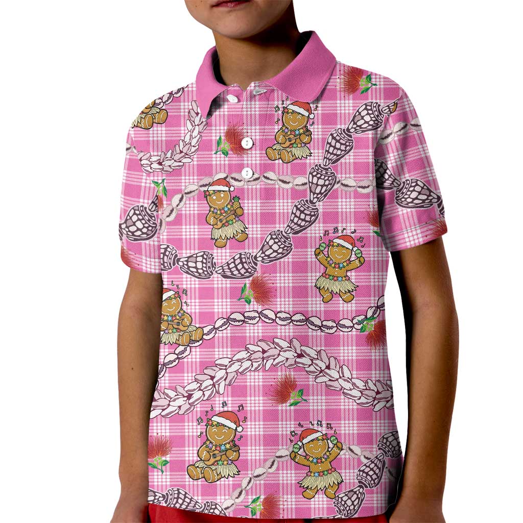Pink Palaka Hawaii Mele Kalikimaka Kid Polo Shirt Ohia Lehua Shell Leis Funny Gingerbread Santa LT14 Kid Pink - Polynesian Pride