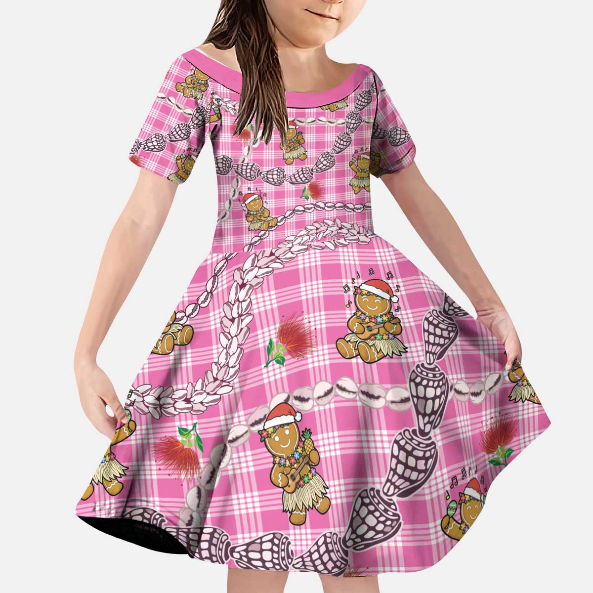Pink Palaka Hawaii Mele Kalikimaka Kid Short Sleeve Dress Ohia Lehua Shell Leis Funny Gingerbread Santa - Polynesian Pride