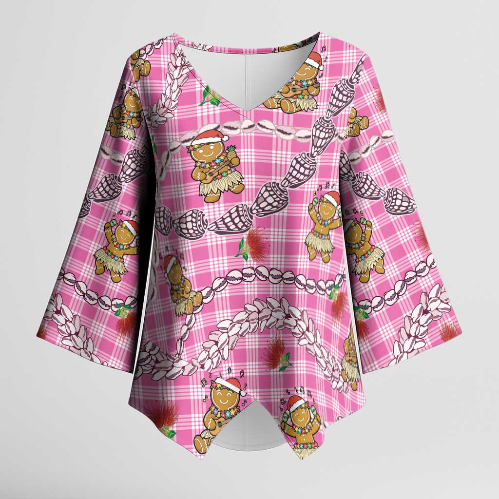 Pink Palaka Hawaii Mele Kalikimaka Kimono Sleeve Blouse Ohia Lehua Shell Leis Funny Gingerbread Santa LT14 Female Pink - Polynesian Pride