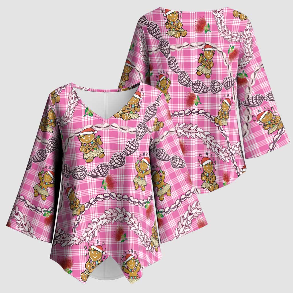 Pink Palaka Hawaii Mele Kalikimaka Kimono Sleeve Blouse Ohia Lehua Shell Leis Funny Gingerbread Santa LT14 - Polynesian Pride