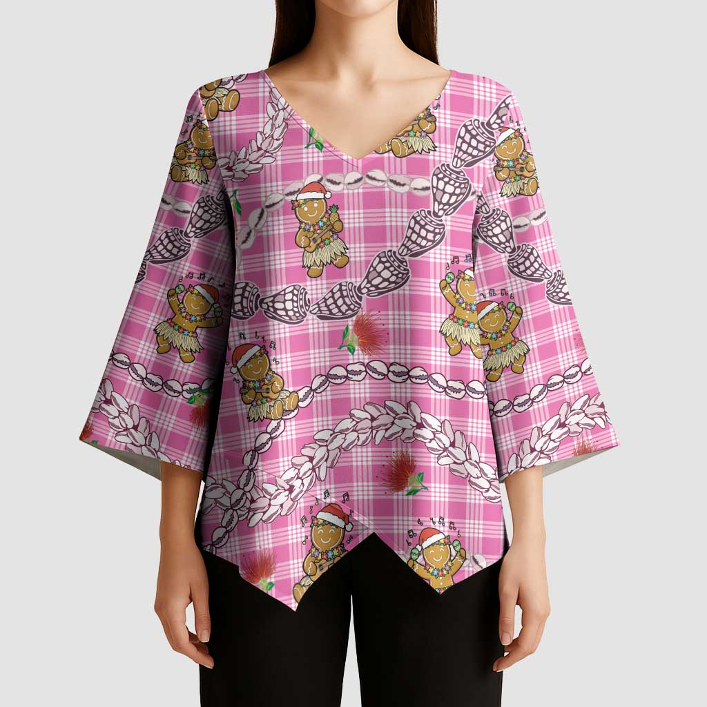 Pink Palaka Hawaii Mele Kalikimaka Kimono Sleeve Blouse Ohia Lehua Shell Leis Funny Gingerbread Santa LT14 - Polynesian Pride