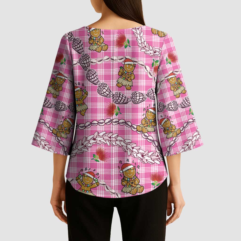 Pink Palaka Hawaii Mele Kalikimaka Kimono Sleeve Blouse Ohia Lehua Shell Leis Funny Gingerbread Santa LT14 - Polynesian Pride