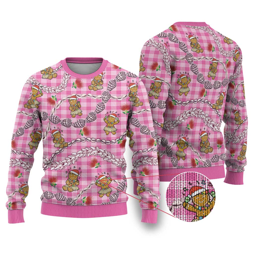 Pink Palaka Hawaii Mele Kalikimaka Ugly Christmas Sweater Ohia Lehua Shell Leis Funny Gingerbread Santa LT14 Pink - Polynesian Pride