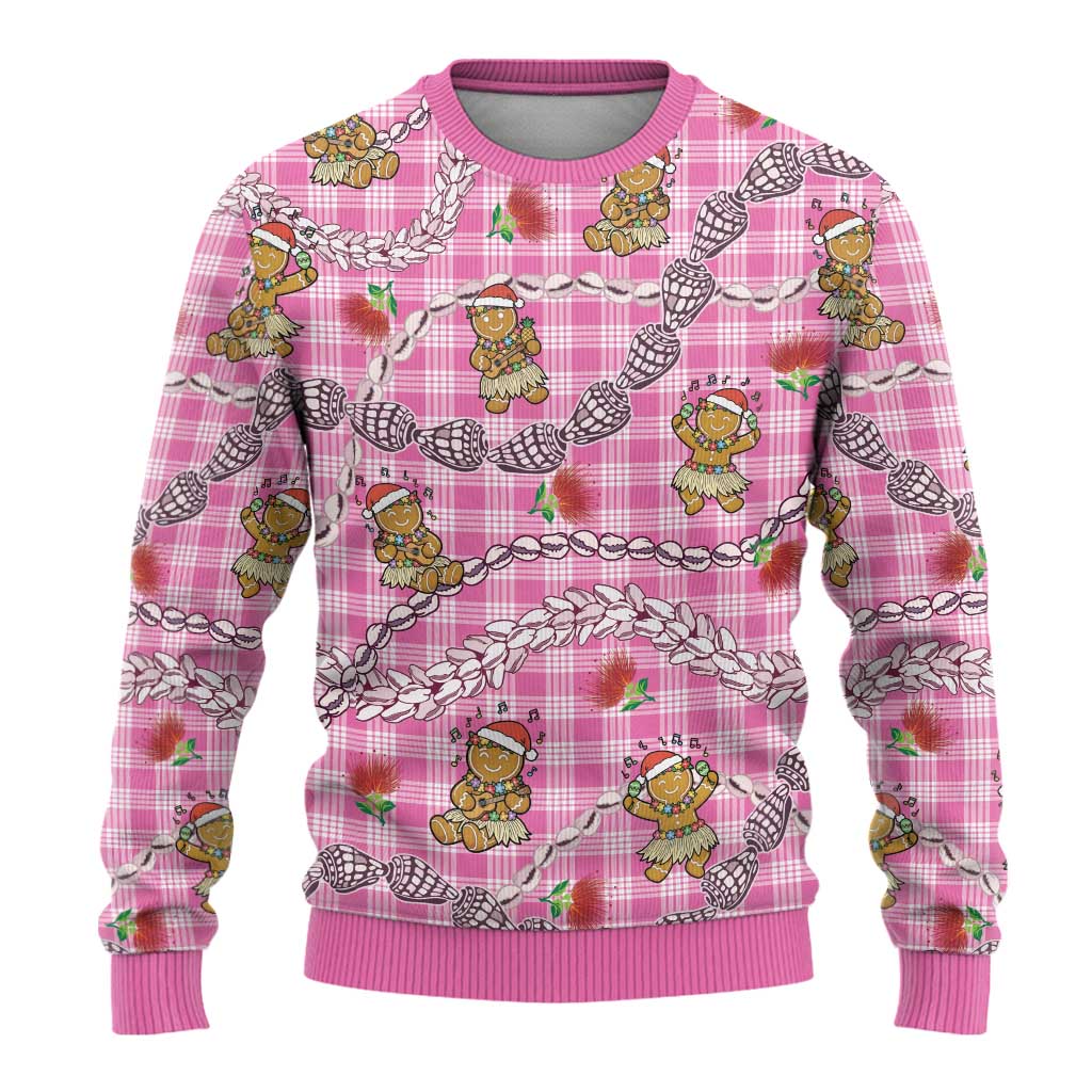 Pink Palaka Hawaii Mele Kalikimaka Ugly Christmas Sweater Ohia Lehua Shell Leis Funny Gingerbread Santa LT14 - Polynesian Pride