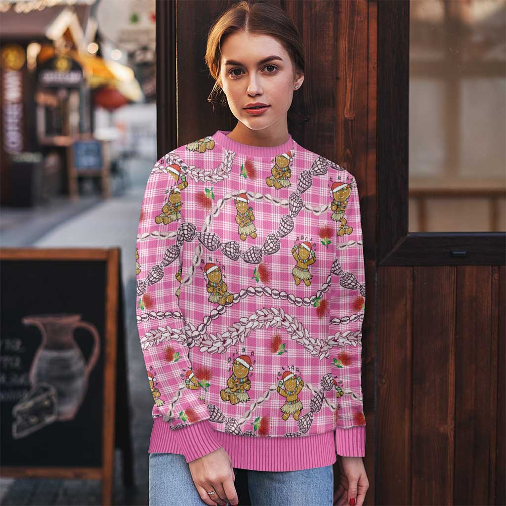Pink Palaka Hawaii Mele Kalikimaka Ugly Christmas Sweater Ohia Lehua Shell Leis Funny Gingerbread Santa LT14 - Polynesian Pride