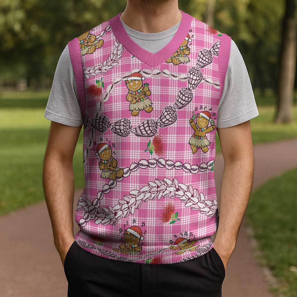 Pink Palaka Hawaii Mele Kalikimaka Christmas Knitted V-Neck Vest Ohia Lehua Shell Leis Funny Gingerbread Santa LT14 - Polynesian Pride