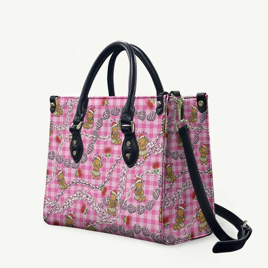 Pink Palaka Hawaii Mele Kalikimaka Leather Bag Ohia Lehua Shell Leis Funny Gingerbread Santa - Polynesian Pride