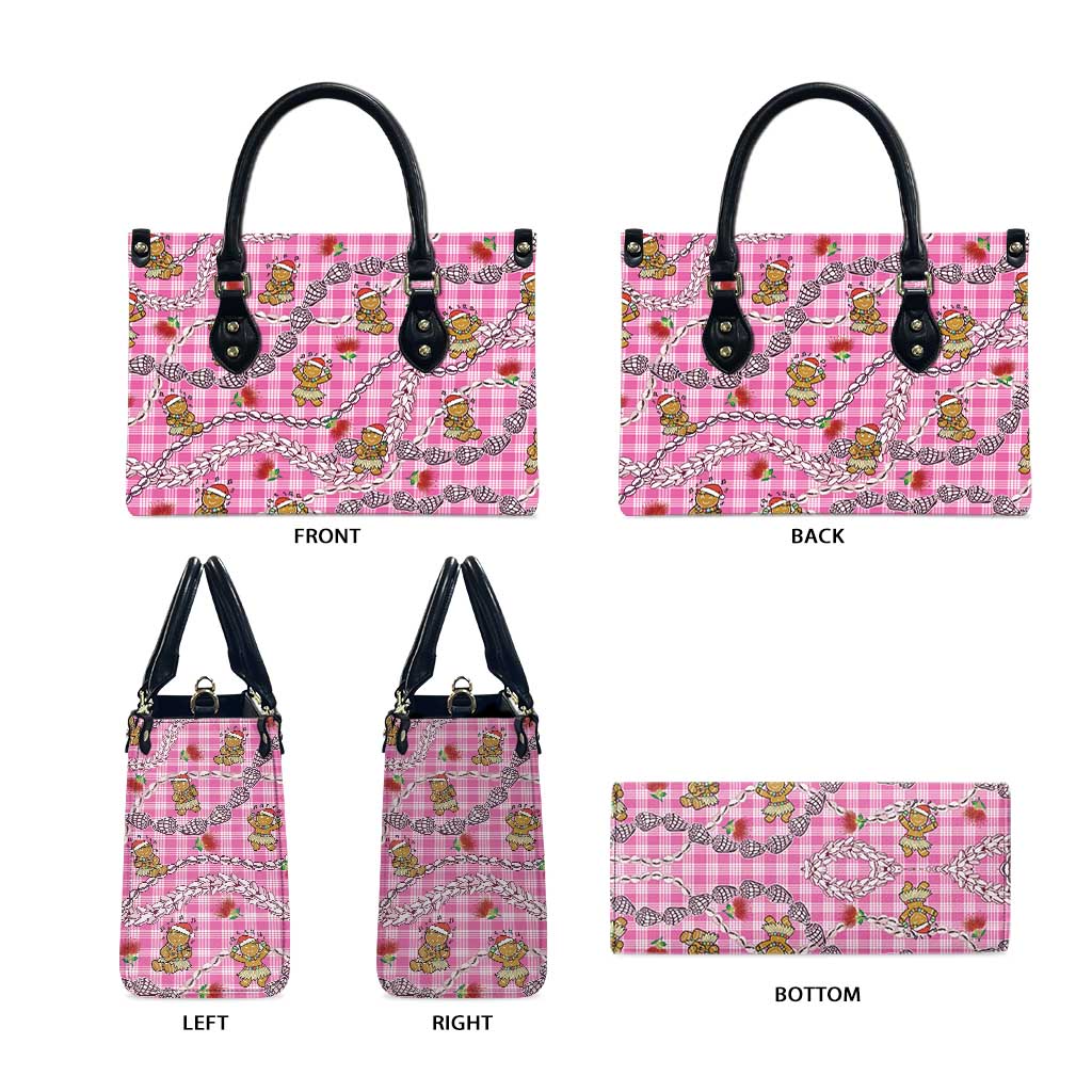 Pink Palaka Hawaii Mele Kalikimaka Leather Bag Ohia Lehua Shell Leis Funny Gingerbread Santa - Polynesian Pride