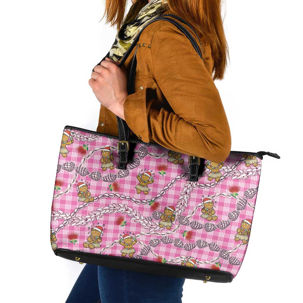 Pink Palaka Hawaii Mele Kalikimaka Leather Tote Bag Ohia Lehua Shell Leis Funny Gingerbread Santa LT14 Pink - Polynesian Pride