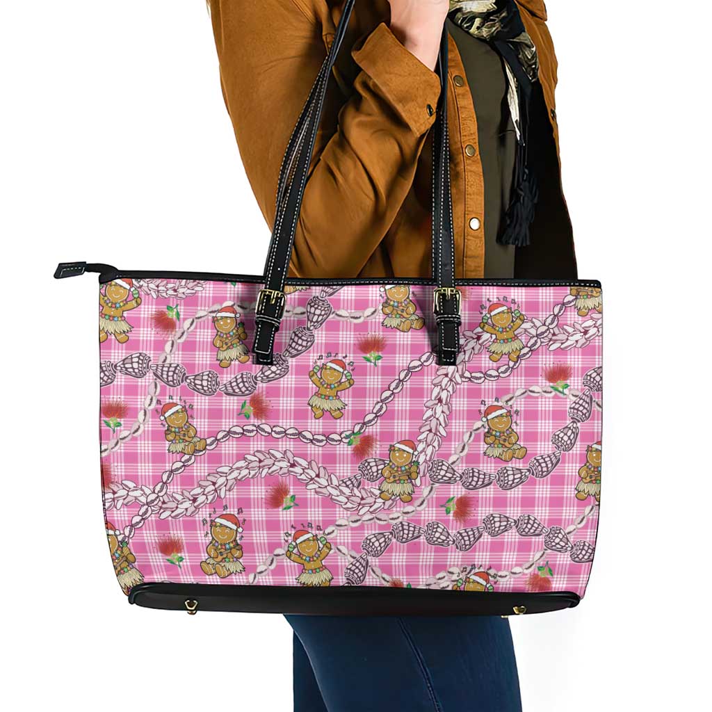 Pink Palaka Hawaii Mele Kalikimaka Leather Tote Bag Ohia Lehua Shell Leis Funny Gingerbread Santa LT14 - Polynesian Pride