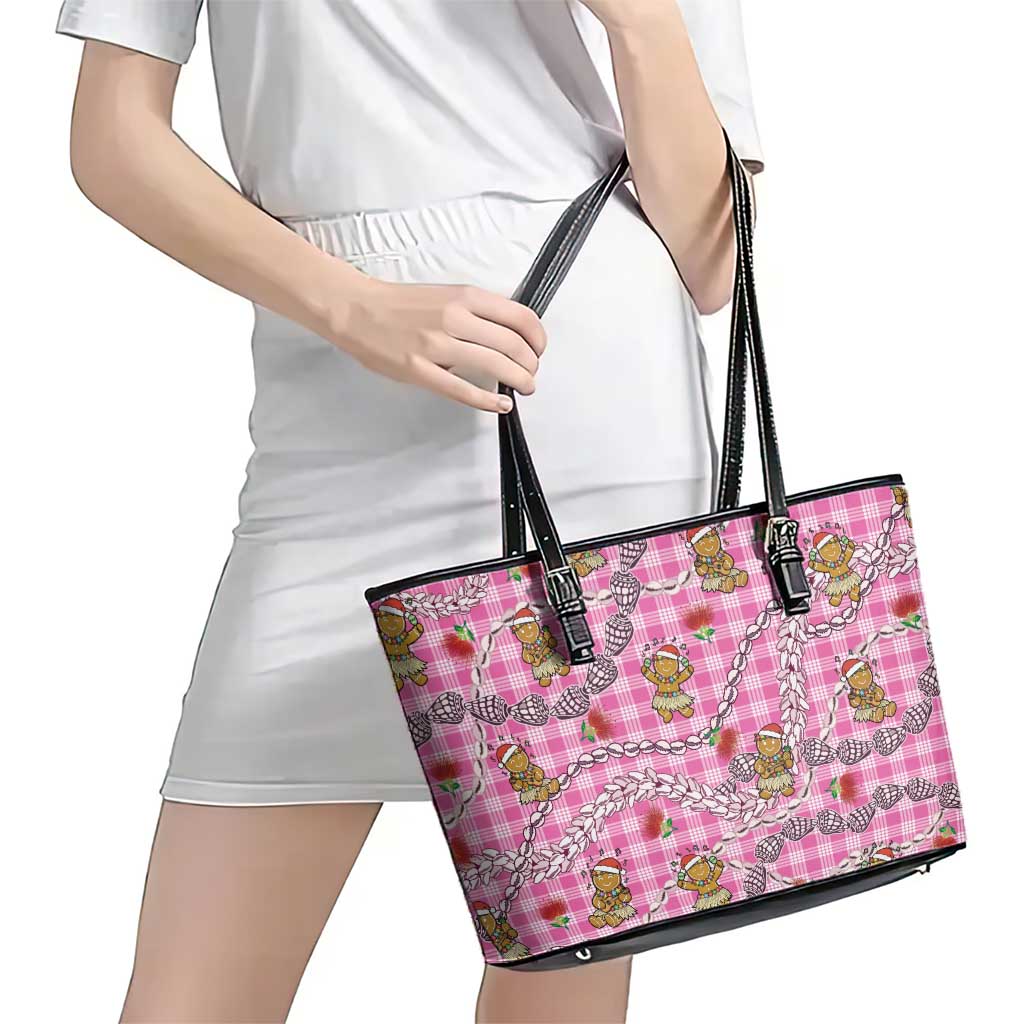 Pink Palaka Hawaii Mele Kalikimaka Leather Tote Bag Ohia Lehua Shell Leis Funny Gingerbread Santa LT14 - Polynesian Pride
