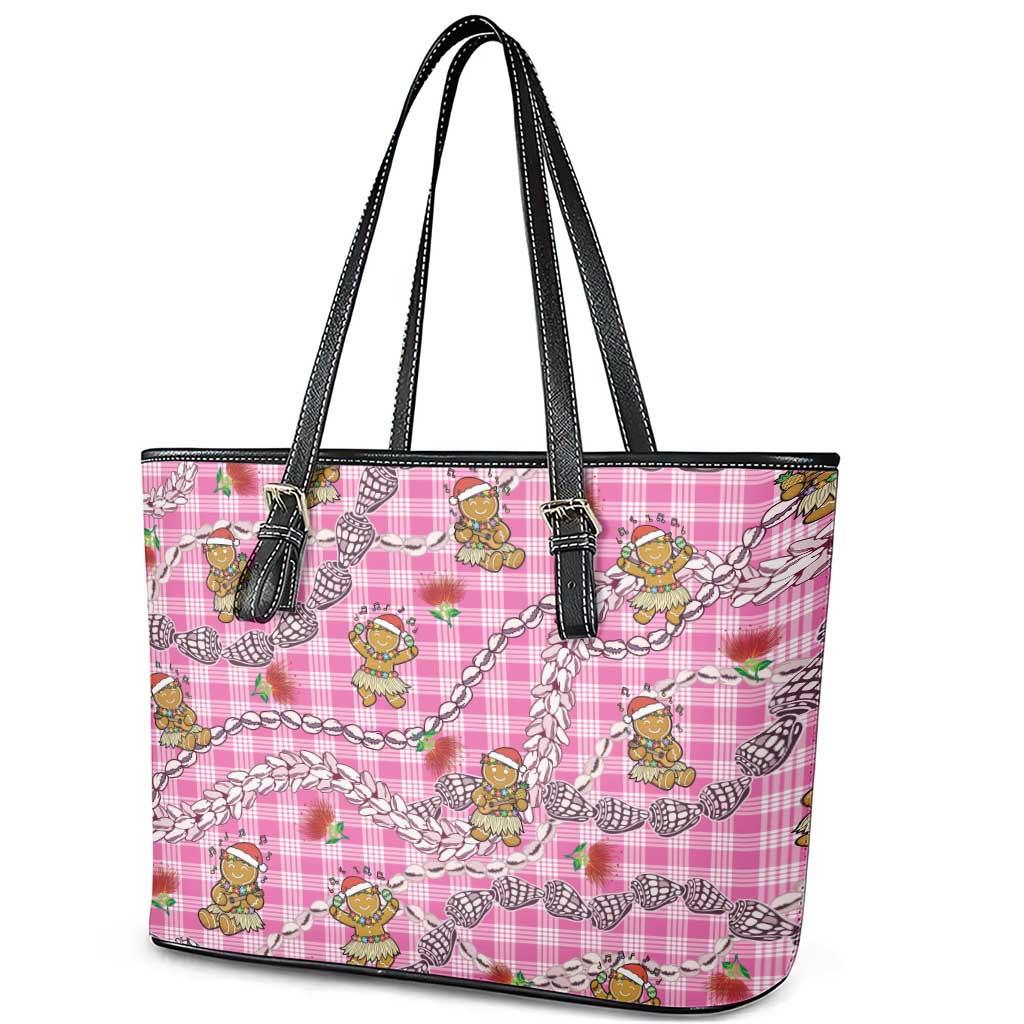 Pink Palaka Hawaii Mele Kalikimaka Leather Tote Bag Ohia Lehua Shell Leis Funny Gingerbread Santa LT14 - Polynesian Pride